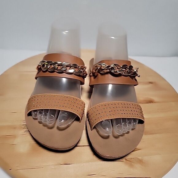 ALEXIS BENDEL Cognac Brown Sandal Metallic Chain Embellishment Women's Size 7 - Picture 1 of 6